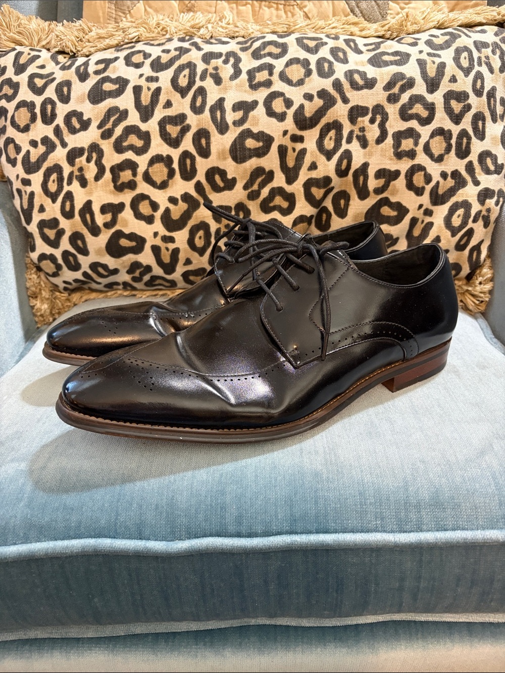 Stacy Adams Black Leather Wingtip Derbys with Brown Sole